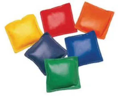 Six colorful bean bags arranged in a fanned pattern.