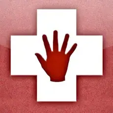 Red handprint superimposed on a white cross.