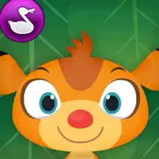Cartoon animal with a purple circle containing a white duck icon.