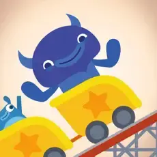A blue monster smiles from a yellow roller coaster car on a track.