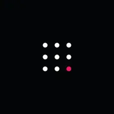 Nine white dots arranged in a 3x3 grid, with the bottom right dot colored red