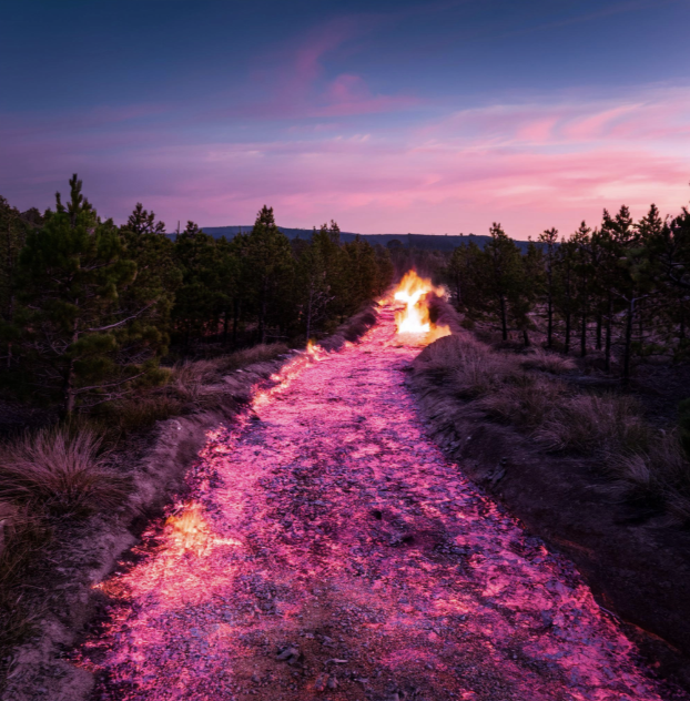 A dirt path through a forest is ablaze with pink and orange flames under a twilight sky.