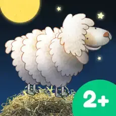 A fluffy sheep stands on a pile of hay under a yellow moon and stars.