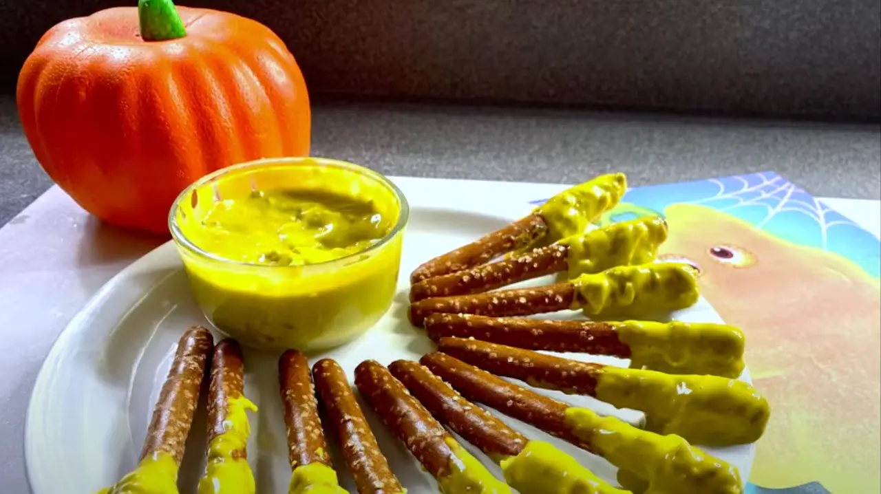 Pretzel rods dipped in yellow cheese dip next to a small pumpkin
