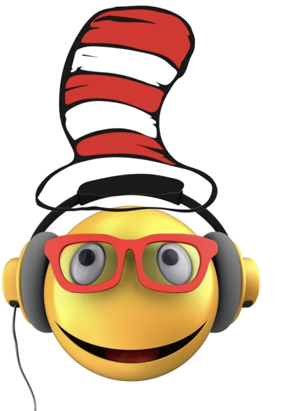 Yellow smiley face wearing a striped hat, headphones, and red glasses.