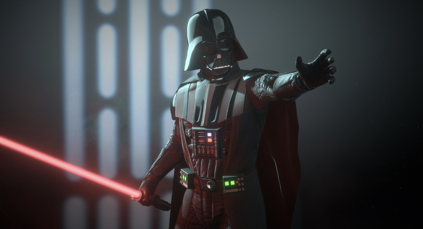 Darth Vader with a red lightsaber outstretched.