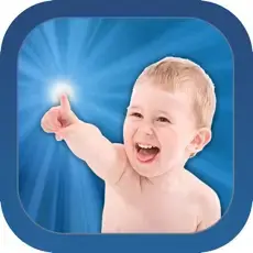 A smiling baby points a finger toward a bright light on a blue background.