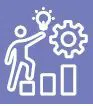 Person reaching for a lightbulb above a gear and bar graph.