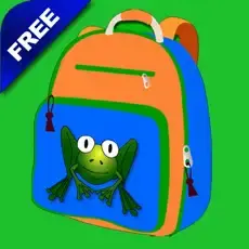 Backpack with a frog graphic and a "FREE" banner.