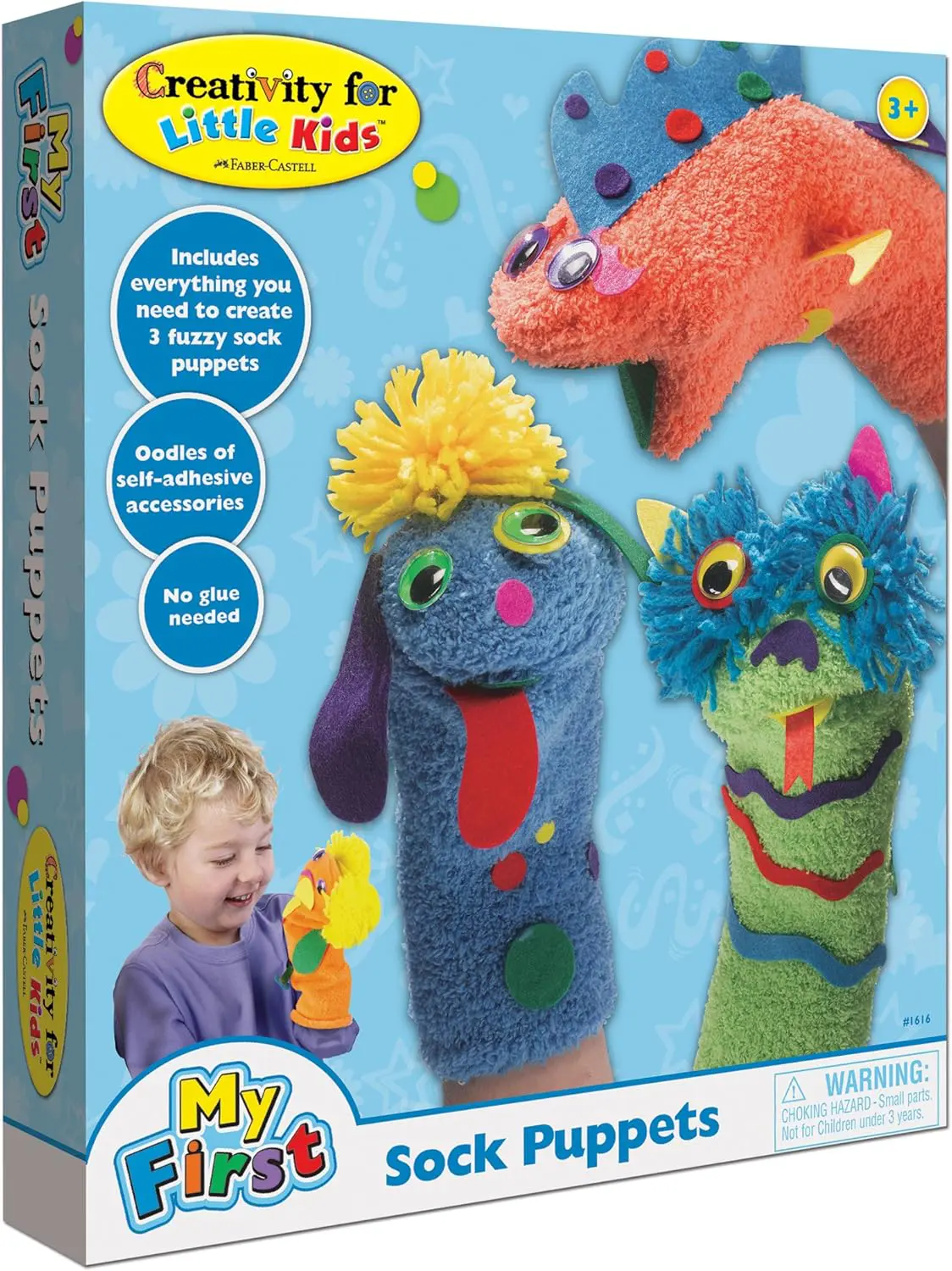 Creativity for Kids My First Sock Puppets box featuring three finished puppets and a child playing with a puppet.