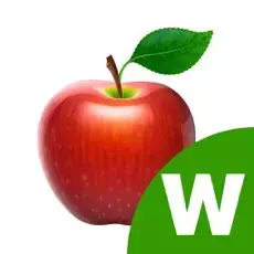 Red apple with a green leaf and stem.