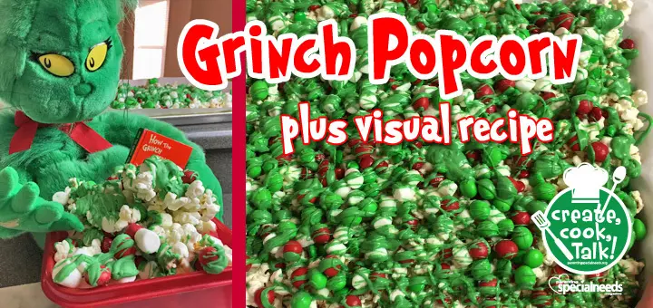 Grinch popcorn with a visual recipe and a Grinch plush toy