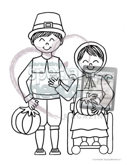 Coloring page shows a boy and a girl in pilgrim clothing holding pumpkins.