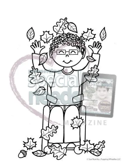 A child in a wheelchair with arms raised smiles amidst falling autumn leaves.