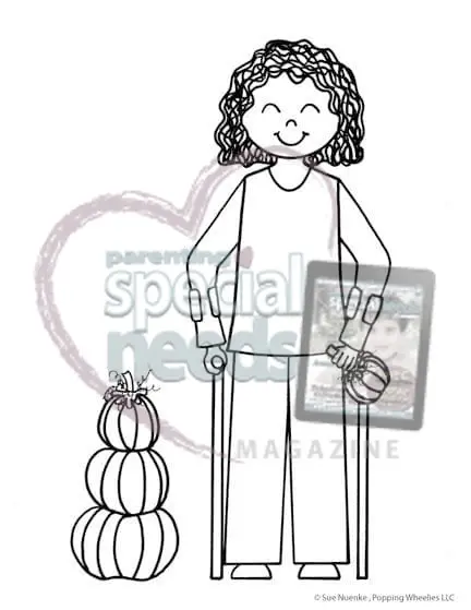 Illustration of a smiling person using a cane and holding a tablet and a pumpkin.