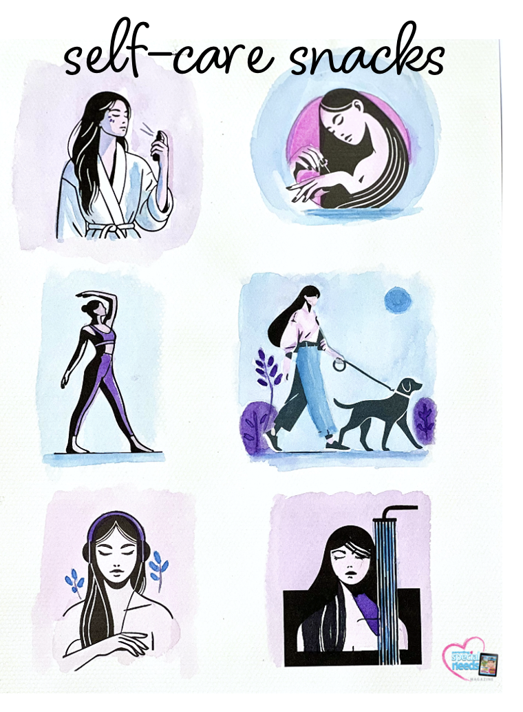 Six watercolor illustrations depict self-care activities: spraying perfume, drinking tea, exercising, walking a dog, listening to music, and showering.