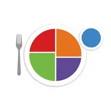 A plate divided into four colorful sections and a fork.