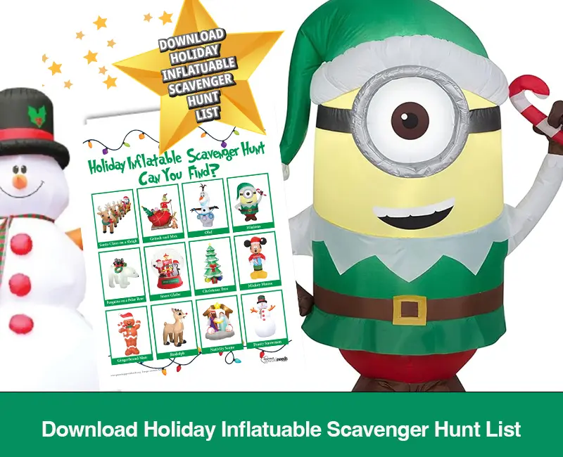 Holiday inflatable scavenger hunt list with a Minion and snowman.