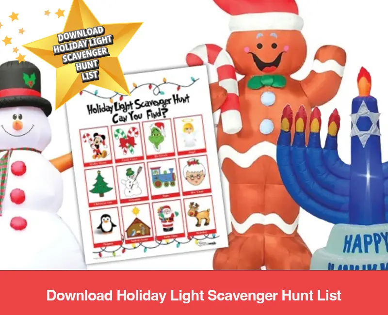 Holiday Light Scavenger Hunt list with a snowman, gingerbread man, and menorah illustration.