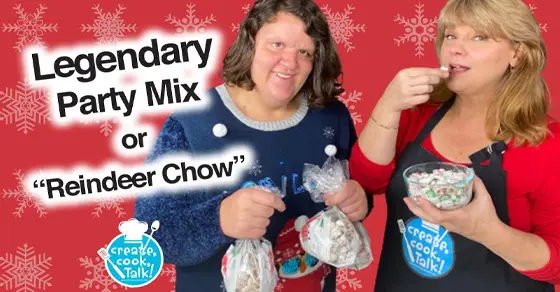 Two women hold bags of pretzel mix and a bowl of candy.