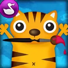 Draw and Tell app icon featuring a cartoon cat holding a paintbrush in its mouth.