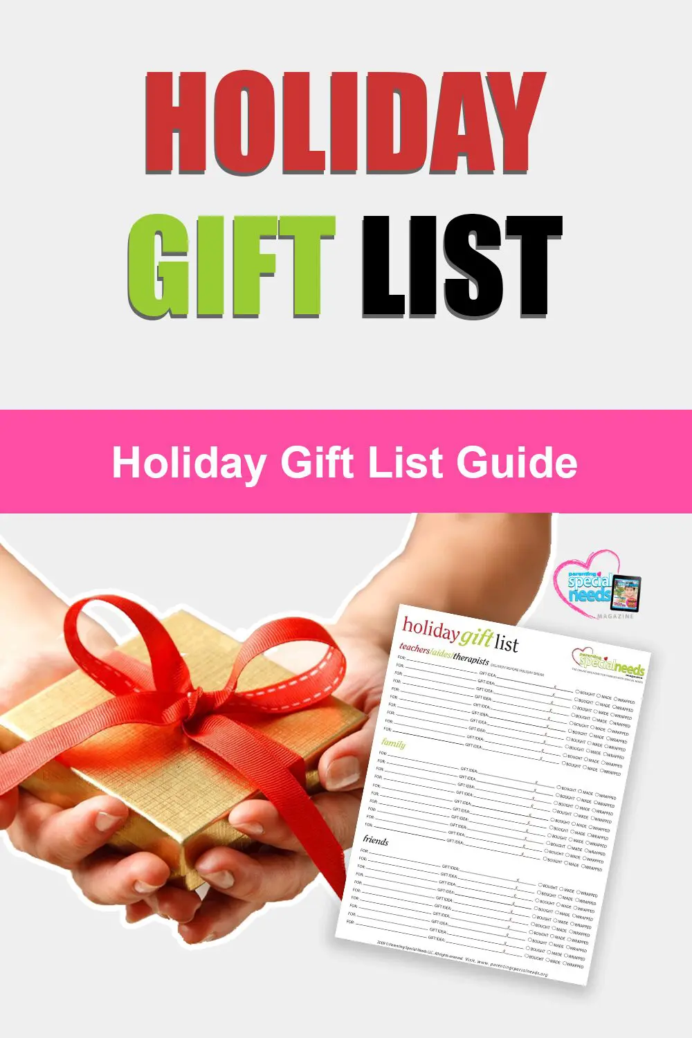 Holiday Gift List Guide download cover with hands holding a gift.