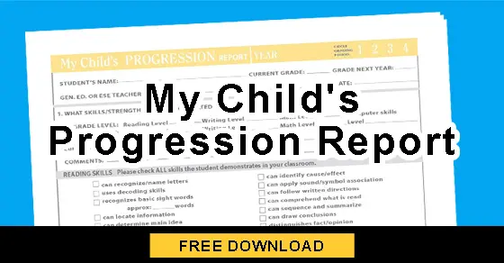 Form titled "My Child's Progression Report" with a "FREE DOWNLOAD" button.
