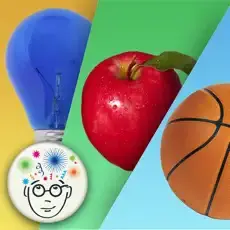 A blue lightbulb, a red apple, and a basketball against a multicolored background.