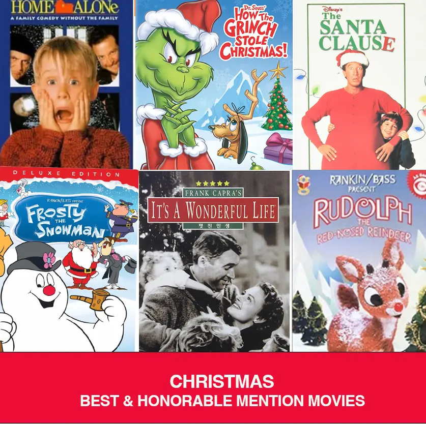 Collage of six Christmas movie covers including Home Alone, How the Grinch Stole Christmas, and The Santa Clause.