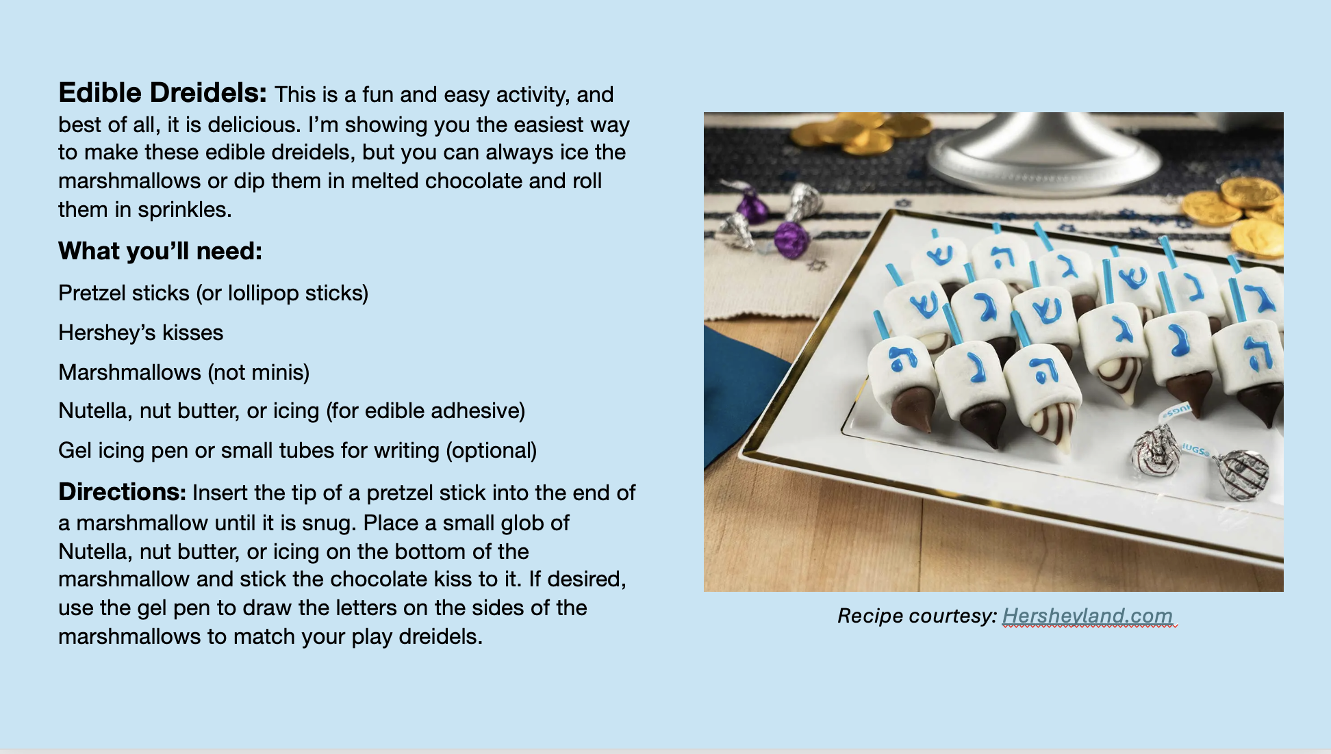 Edible dreidels made with marshmallows, pretzel sticks, and Hebrew letters.