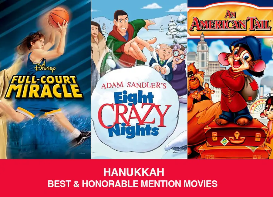 Movie posters for Full Court Miracle, Eight Crazy Nights, and An American Tail.
