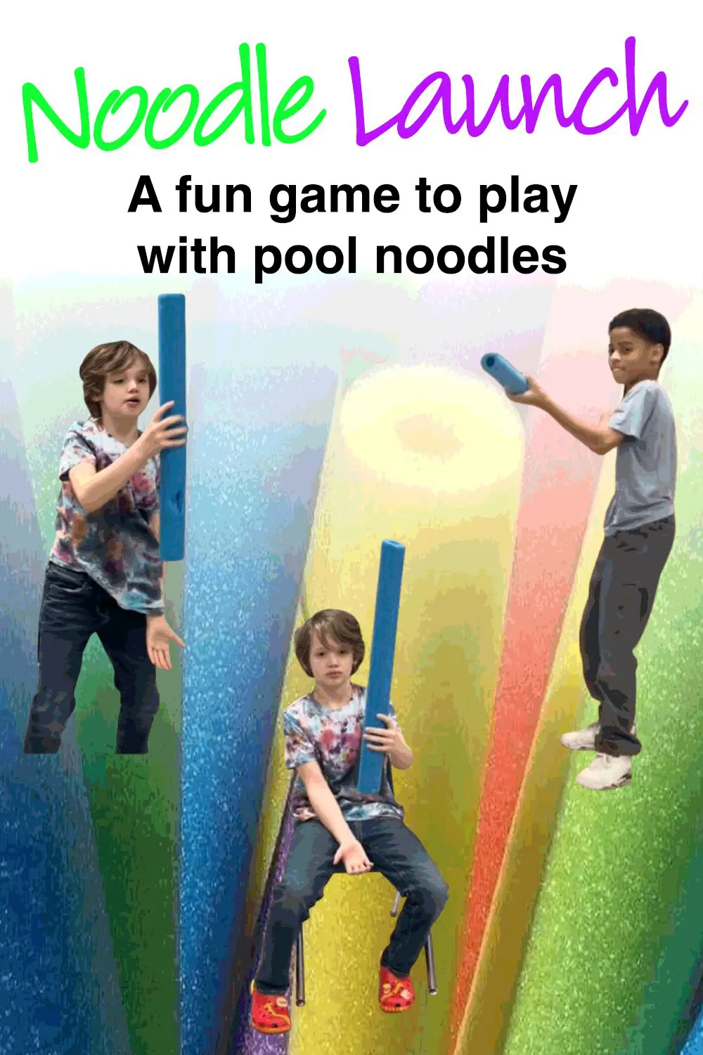 Three children hold and play with pool noodles in front of a colorful background of pool noodles.