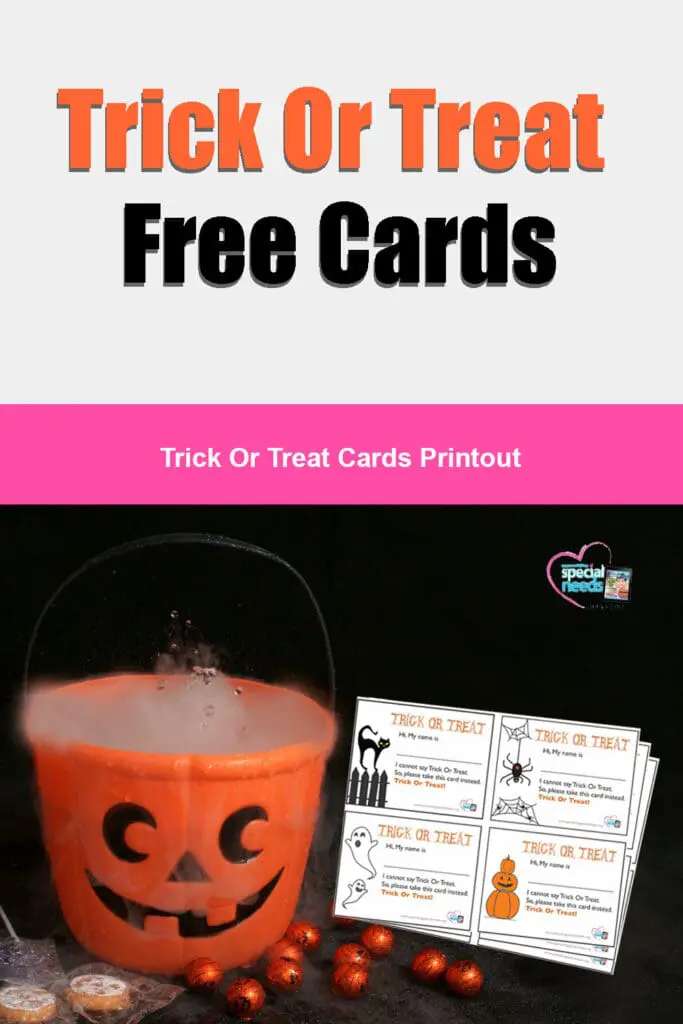 A Halloween bucket with trick or treat cards and candy.