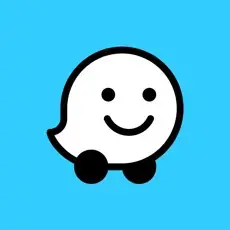 Waze navigation app icon with a smiling face and wheels on a blue background
