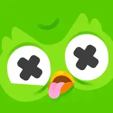 Duolingo owl character with eyes crossed and tongue out.