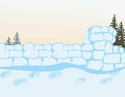 A snow wall with footprints in the snow and evergreen trees in the background.