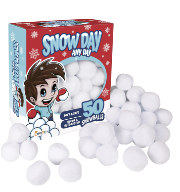 A box of 50 soft and safe snowballs with some spilled out onto a white surface.