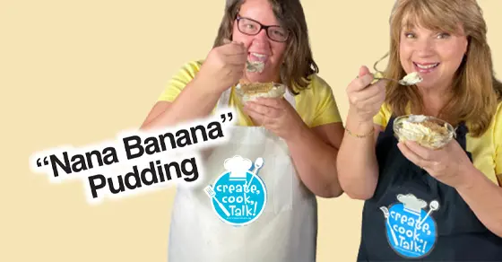 Two women in aprons eat "Nana Banana" pudding from bowls.