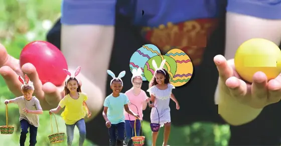 Hands holding a pink and yellow egg with children in the background during an Easter egg hunt