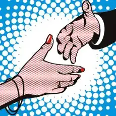 Two hands reaching towards each other against a blue polka dot background.