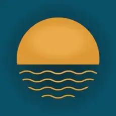 Sunrise over ocean waves on a teal background.