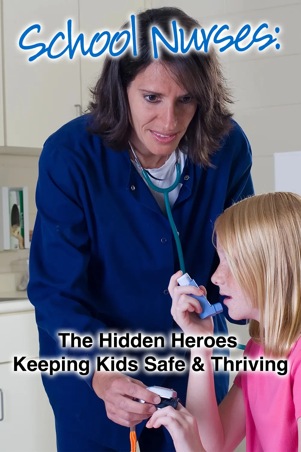 A school nurse uses a blue inhaler on a young girl.