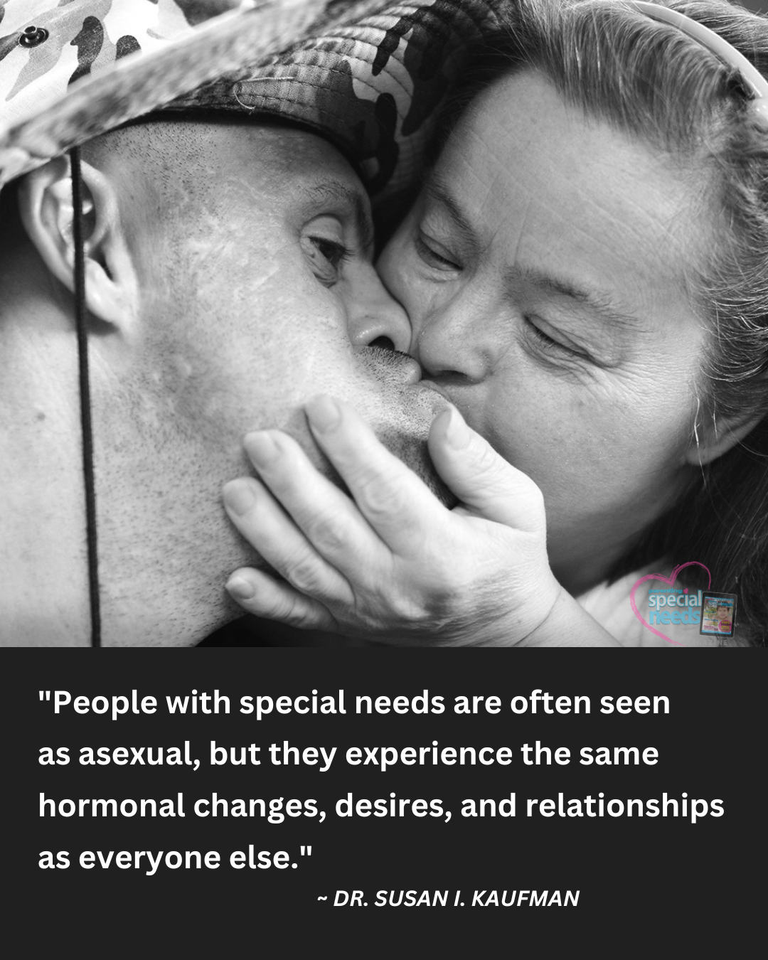 Black and white photo of a couple kissing, with text overlay.