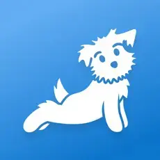 White cartoon dog performing a yoga pose against a blue background.