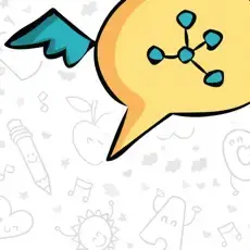 Speech bubble with a wing and a molecular structure graphic.