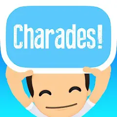 Charades game app icon with a smiling cartoon face holding a blue sign that says "charades!