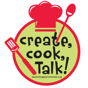Create, Cook, Talk! logo with cooking utensils and website address