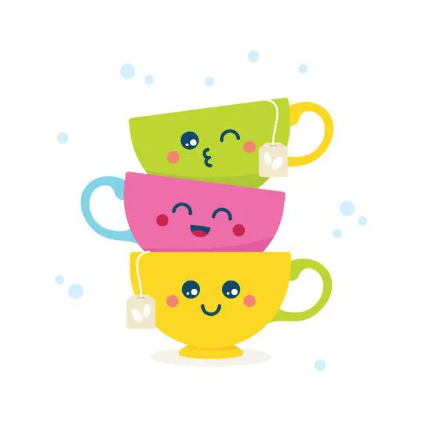 Stack of three colorful cups with smiling faces and tea bags.