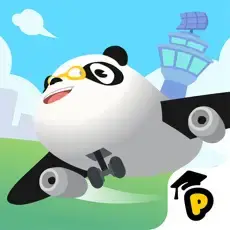 A cartoon panda in glasses flies a plane past an airport control tower.