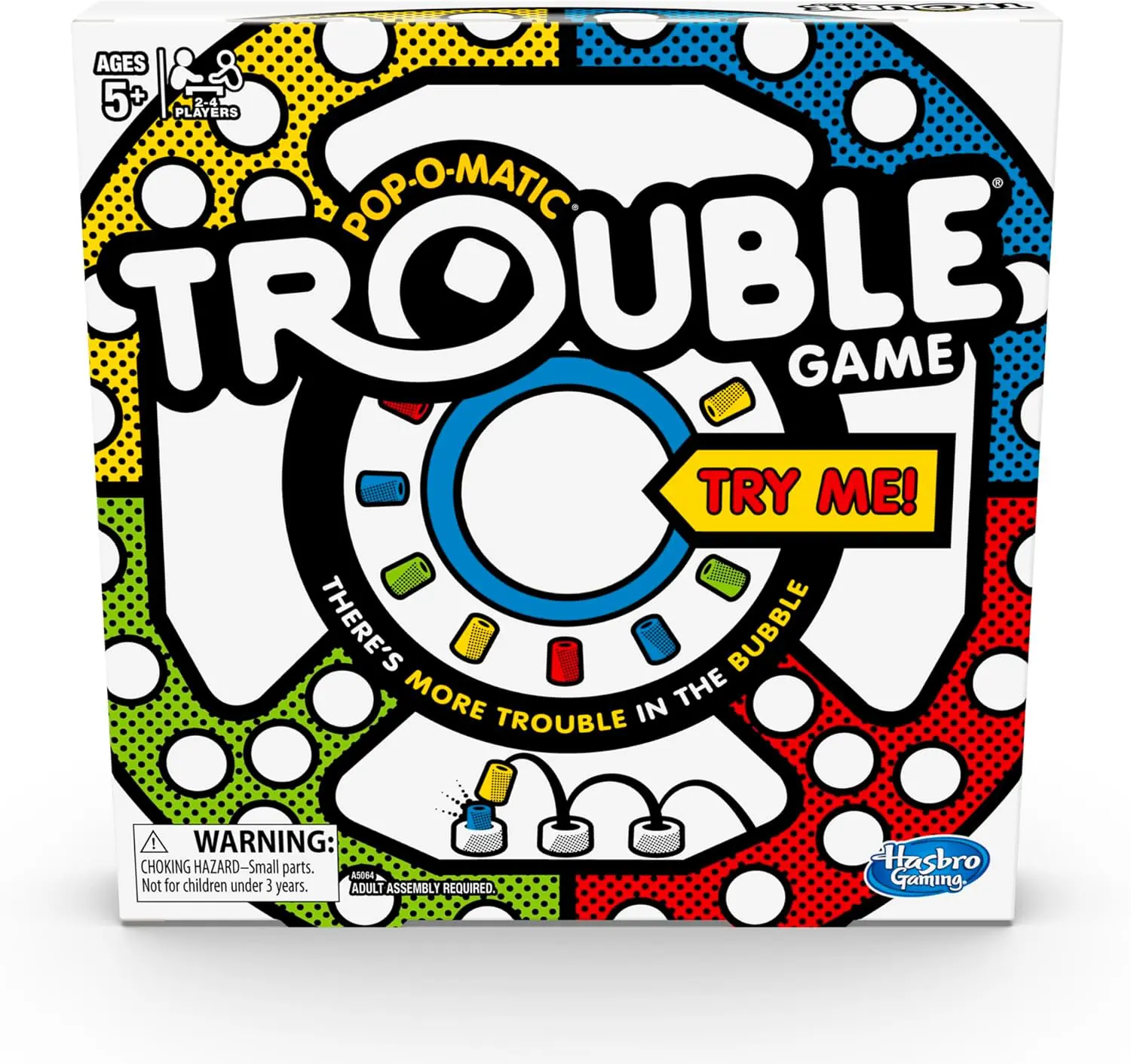 Trouble board game box with Pop-o-Matic bubble and colorful polka dots